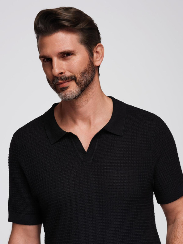 Ombre Clothing Tricou polo tricotat pentru bărbați fără nasturi - negru