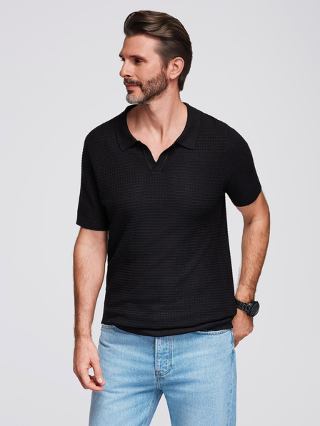 Ombre Clothing Tricou polo tricotat pentru bărbați fără nasturi - negru