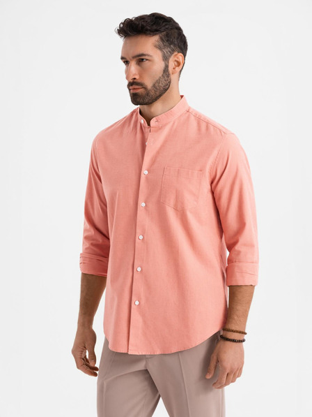 Ombre Clothing Cămașă din pânză pentru bărbați cu guler înalt și buzunar REGULAR FIT - roz