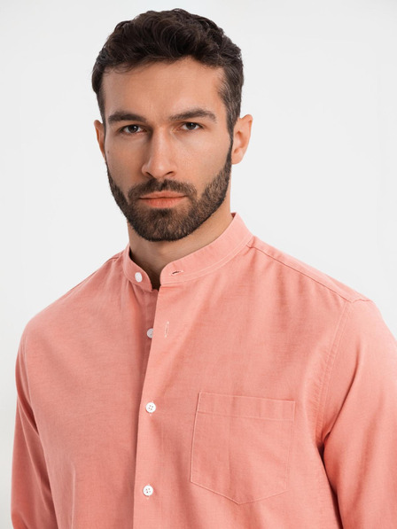 Ombre Clothing Cămașă din pânză pentru bărbați cu guler înalt și buzunar REGULAR FIT - roz