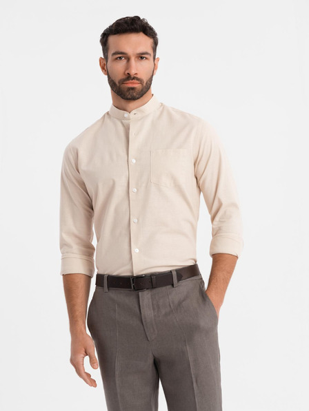 Ombre Clothing Cămașă din pânză pentru bărbați cu guler înalt și buzunar REGULAR FIT - crem