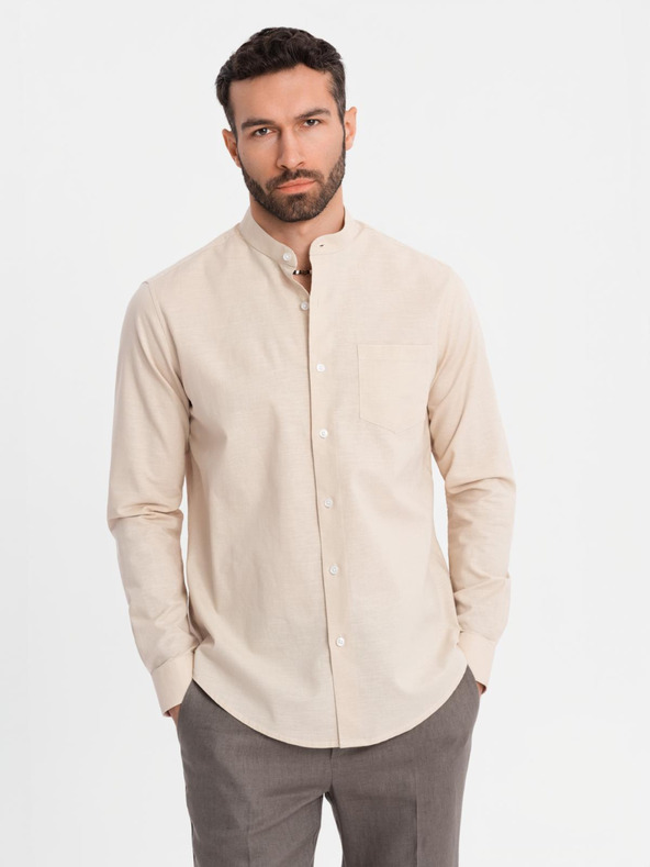 Ombre Clothing Cămașă din pânză pentru bărbați cu guler înalt și buzunar REGULAR FIT - crem