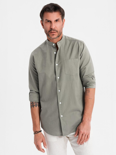 Ombre Clothing Cămașă din pânză pentru bărbați cu guler înalt și buzunar REGULAR FIT - khaki