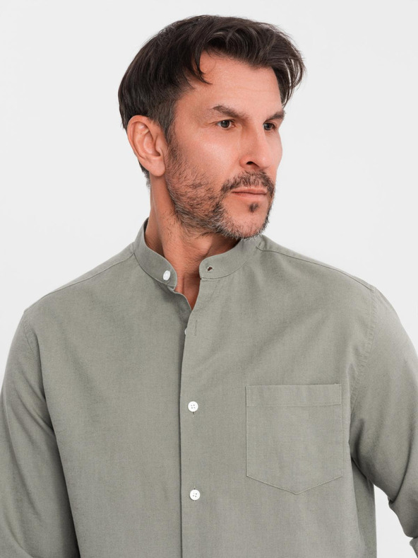 Ombre Clothing Cămașă din pânză pentru bărbați cu guler înalt și buzunar REGULAR FIT - khaki