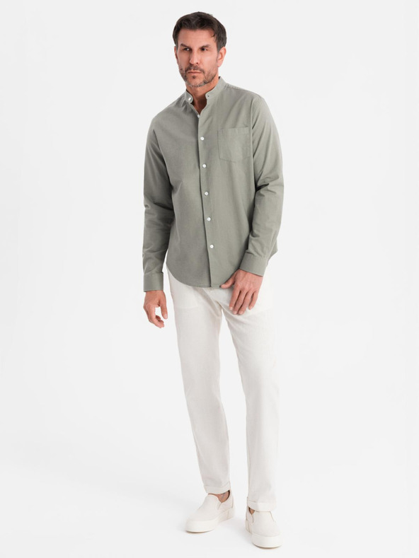 Ombre Clothing Cămașă din pânză pentru bărbați cu guler înalt și buzunar REGULAR FIT - khaki