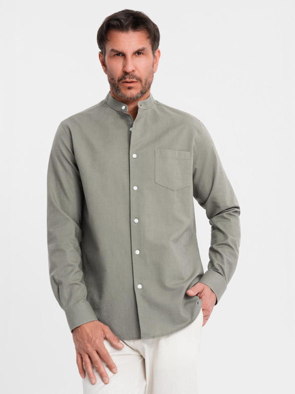 Ombre Clothing Cămașă din pânză pentru bărbați cu guler înalt și buzunar REGULAR FIT - khaki