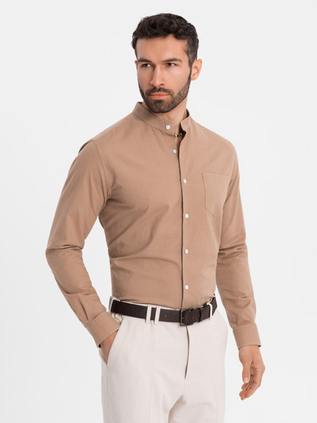 Ombre Clothing Cămașă din pânză pentru bărbați cu guler înalt și buzunar REGULAR FIT - maro deschis