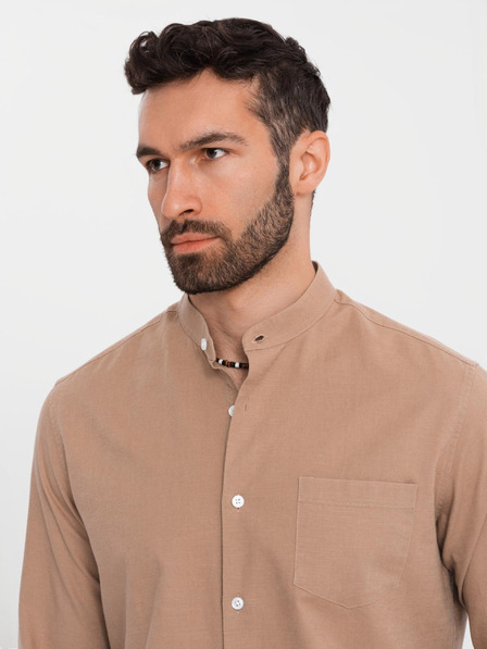 Ombre Clothing Cămașă din pânză pentru bărbați cu guler înalt și buzunar REGULAR FIT - maro deschis
