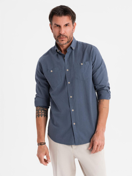 Ombre Clothing Cămașă din pânză pentru bărbați cu guler clasic și buzunare REGULAR FIT - albastru
