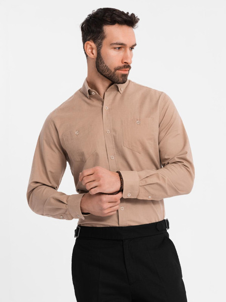 Ombre Clothing Cămașă de in pentru bărbați cu guler clasic și buzunare REGULAR FIT - maro deschis