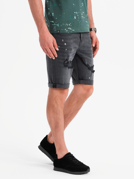 Ombre Clothing Pantaloni scurți de blugi pentru bărbați cu rupturi și manșetă - gri