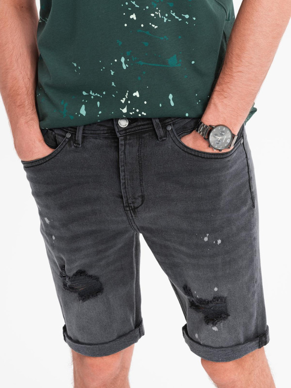 Ombre Clothing Pantaloni scurți de blugi pentru bărbați cu rupturi și manșetă - gri