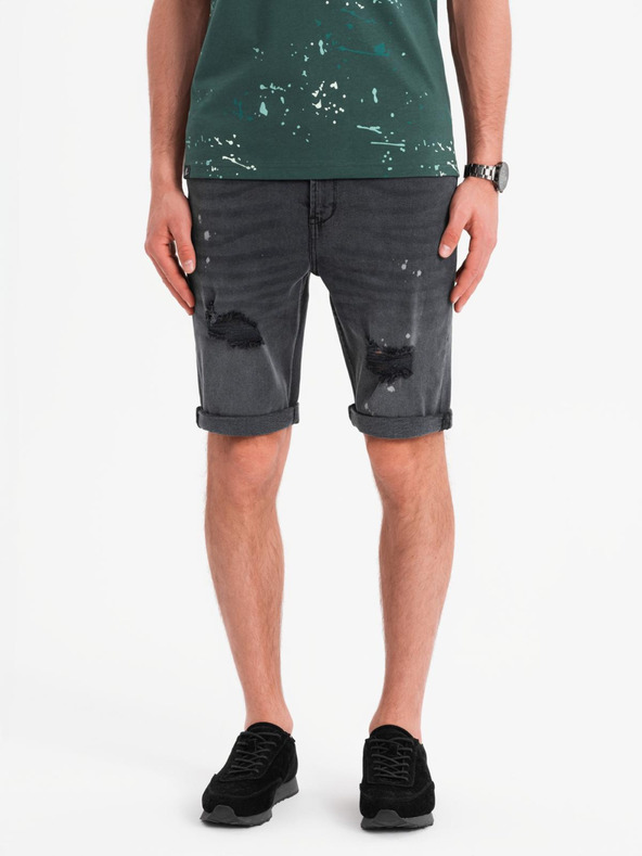 Ombre Clothing Pantaloni scurți de blugi pentru bărbați cu rupturi și manșetă - gri