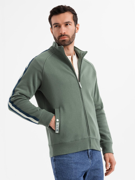Ombre Clothing Hanorac pentru bărbați cu guler înalt și dungi - măsliniu