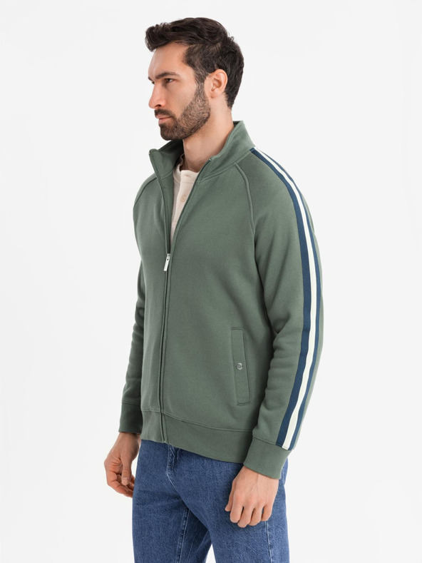 Ombre Clothing Hanorac pentru bărbați cu guler înalt și dungi - măsliniu