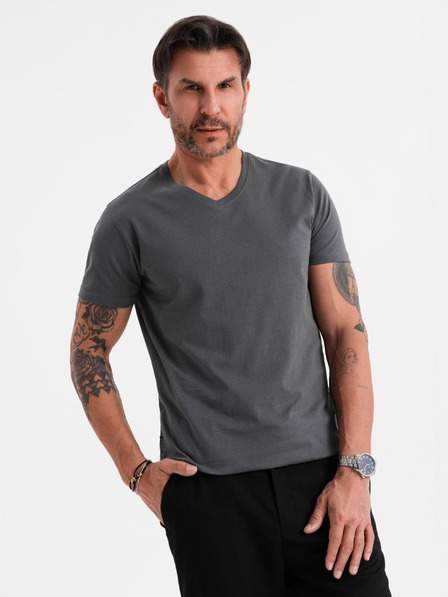 Ombre Clothing Tricou clasic din bumbac pentru bărbați BASIC cu decolteu în V - grafit