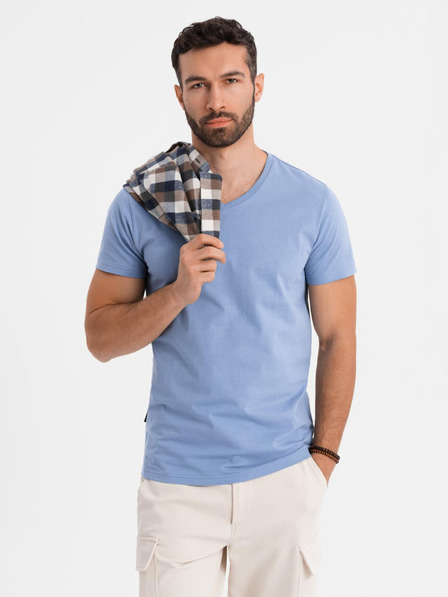 Ombre Clothing Tricou clasic din bumbac pentru bărbați BASIC cu decolteu în V - albastru