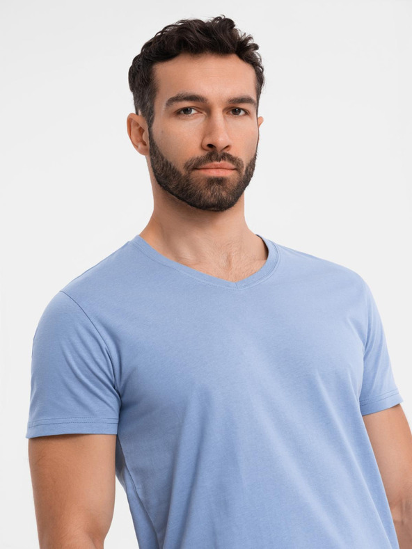 Ombre Clothing Tricou clasic din bumbac pentru bărbați BASIC cu decolteu în V - albastru