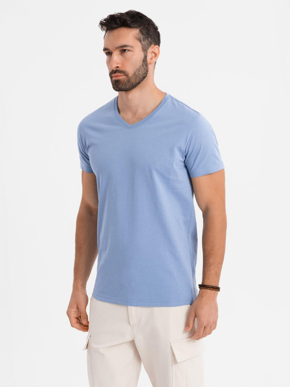 Ombre Clothing Tricou clasic din bumbac pentru bărbați BASIC cu decolteu în V - albastru