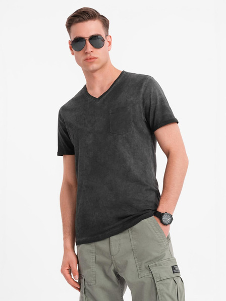 Ombre Clothing Tricou din bumbac pentru bărbați cu decolteu în V și efect uzat - negru