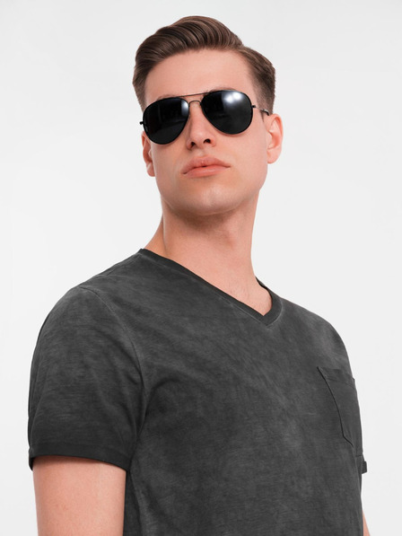 Ombre Clothing Tricou din bumbac pentru bărbați cu decolteu în V și efect uzat - negru