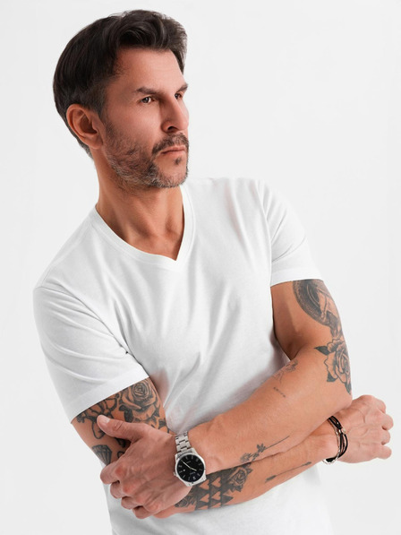 Ombre Clothing Tricou clasic din bumbac pentru bărbați BASIC cu decolteu - alb