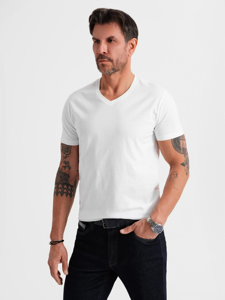 Ombre Clothing Tricou clasic din bumbac pentru bărbați BASIC cu decolteu - alb