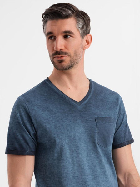 Ombre Clothing Tricou din bumbac pentru bărbați cu decolteu în V și efect spălat - albastru închis