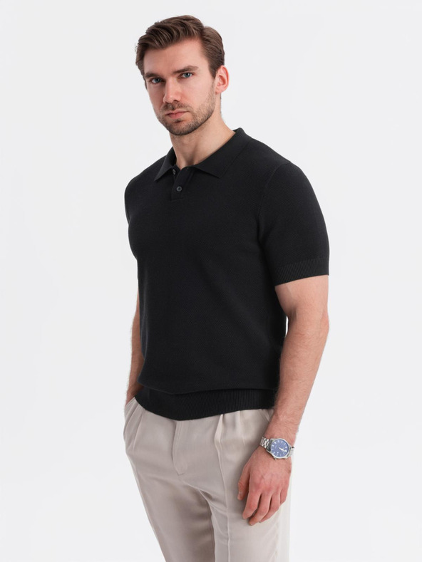 Ombre Clothing Tricou polo din bumbac pentru bărbați din țesătură structurată - negru