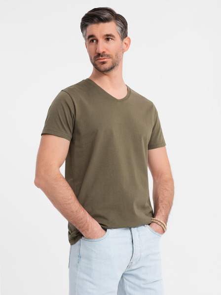 Ombre Clothing Tricou clasic BASIC din bumbac pentru bărbați cu decolteu în V - verde măsliniu închis