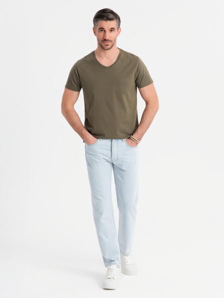 Ombre Clothing Tricou clasic BASIC din bumbac pentru bărbați cu decolteu în V - verde măsliniu închis
