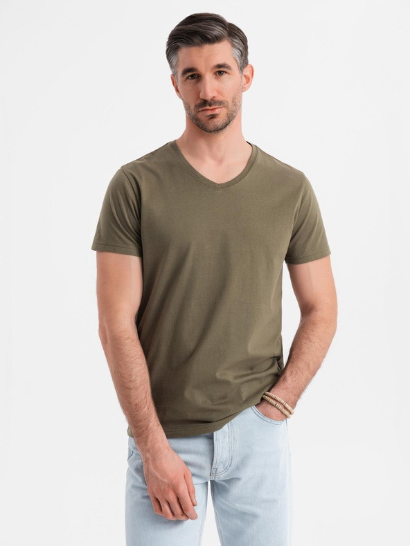 Ombre Clothing Tricou clasic BASIC din bumbac pentru bărbați cu decolteu în V - verde măsliniu închis