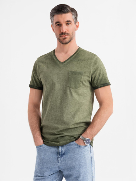 Ombre Clothing Tricou din bumbac pentru bărbați cu decolteu în V și efect spălat - măsliniu