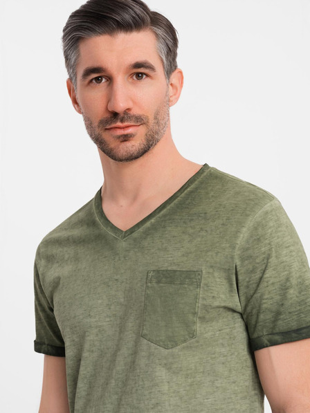 Ombre Clothing Tricou din bumbac pentru bărbați cu decolteu în V și efect spălat - măsliniu
