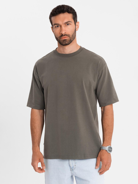 Ombre Clothing Tricou LOOSE FIT din bumbac pentru bărbați cu decolteu rotund - verde măsliniu închis