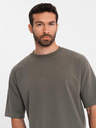 Ombre Clothing Tricou LOOSE FIT din bumbac pentru bărbați cu decolteu rotund - verde măsliniu închis