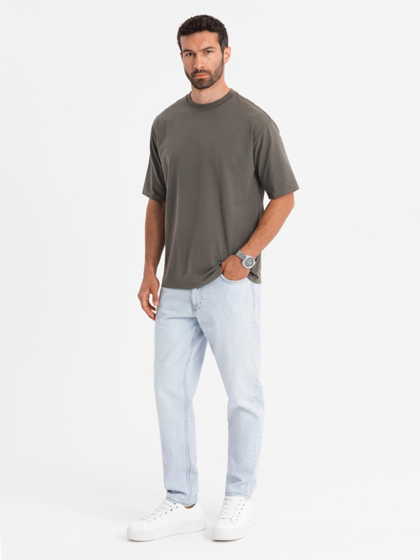 Ombre Clothing Tricou LOOSE FIT din bumbac pentru bărbați cu decolteu rotund - verde măsliniu închis