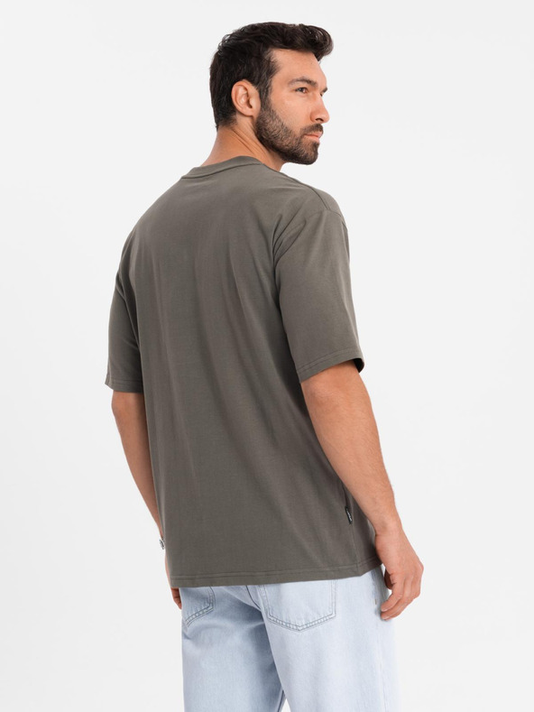 Ombre Clothing Tricou LOOSE FIT din bumbac pentru bărbați cu decolteu rotund - verde măsliniu închis