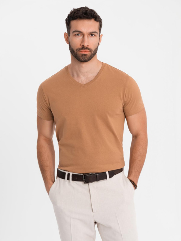 Ombre Clothing Tricou clasic BASIC din bumbac pentru bărbați cu decolteu în V - maro