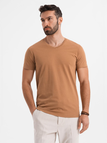 Ombre Clothing Tricou clasic BASIC din bumbac pentru bărbați cu decolteu în V - maro
