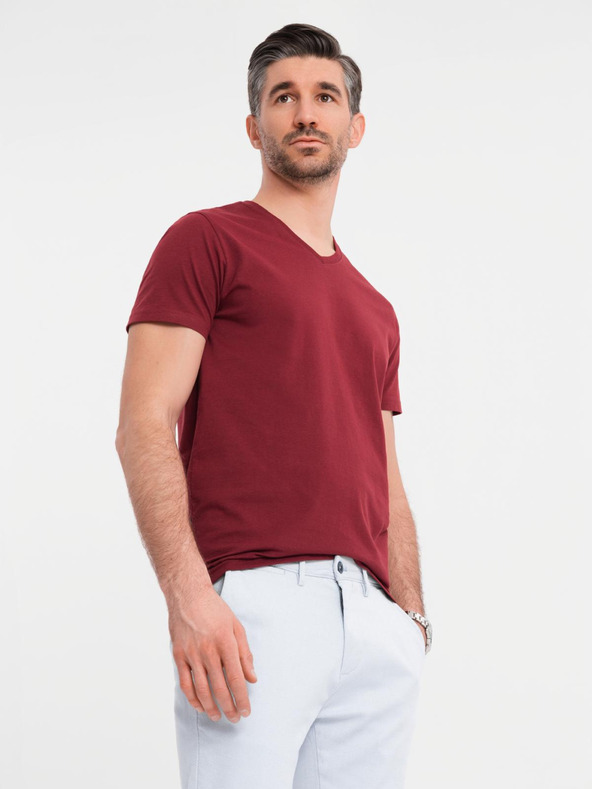 Ombre Clothing Tricou clasic BASIC din bumbac pentru bărbați cu decolteu în V - bordo
