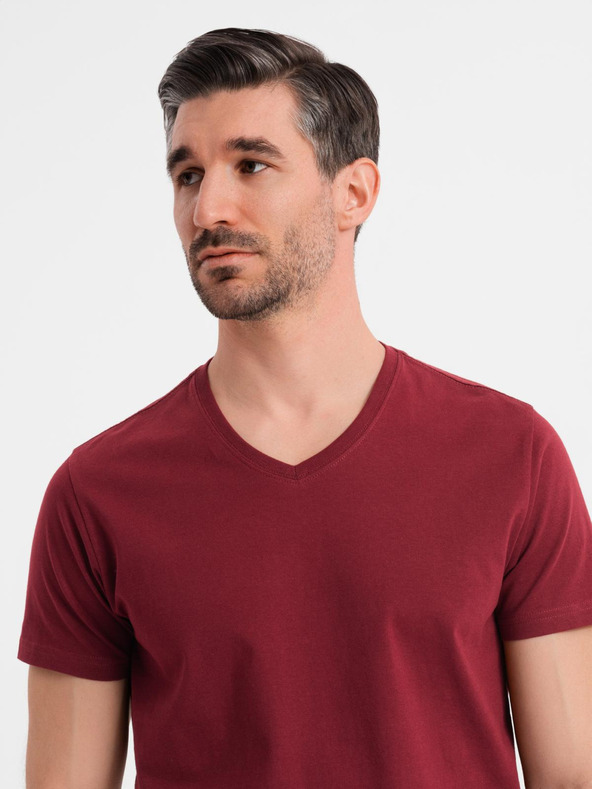 Ombre Clothing Tricou clasic BASIC din bumbac pentru bărbați cu decolteu în V - bordo