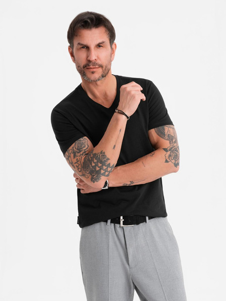 Ombre Clothing Tricou clasic BASIC din bumbac pentru bărbați cu decolteu - negru