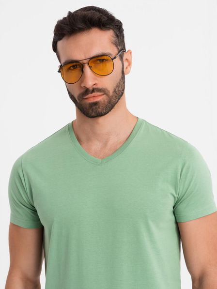 Ombre Clothing Tricou clasic BASIC din bumbac pentru bărbați cu decolteu în V - verde