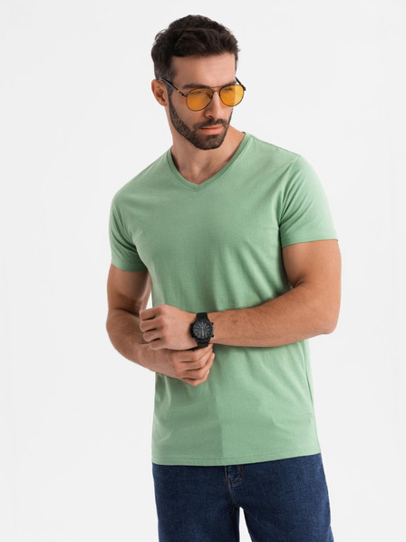 Ombre Clothing Tricou clasic BASIC din bumbac pentru bărbați cu decolteu în V - verde