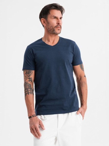 Ombre Clothing Tricou clasic BASIC din bumbac pentru bărbați cu decolteu în V - albastru închis