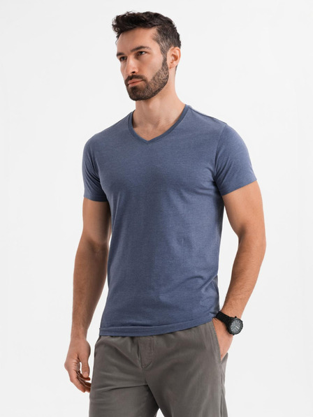 Ombre Clothing Tricou clasic BASIC din bumbac pentru bărbați cu decolteu în V - albastru melanj