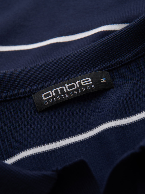 Ombre Clothing Tricou polo pentru bărbați cu mânecă lungă și dungi orizontale din viscoză - albastru închis și alb