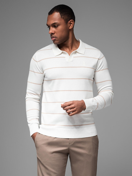 Ombre Clothing Tricou polo pentru bărbați cu mânecă lungă și dungi orizontale din viscoză - alb și bej