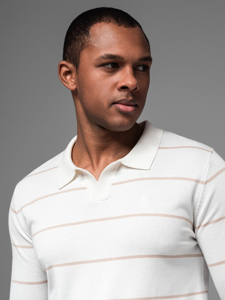 Ombre Clothing Tricou polo pentru bărbați cu mânecă lungă și dungi orizontale din viscoză - alb și bej